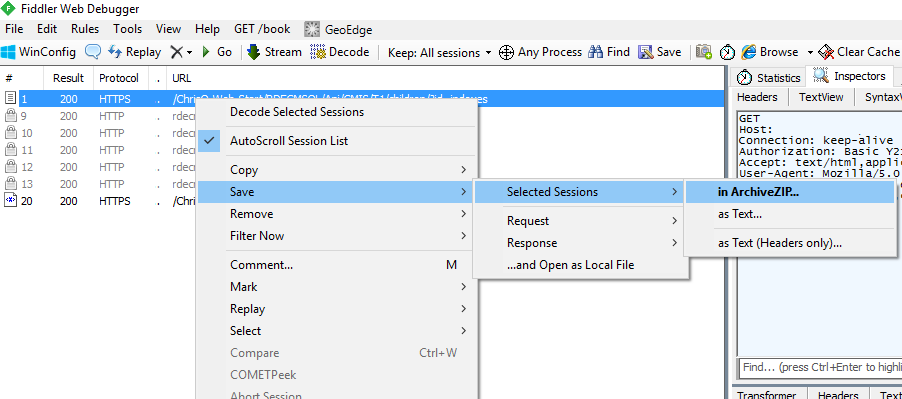 Export a fiddler request
